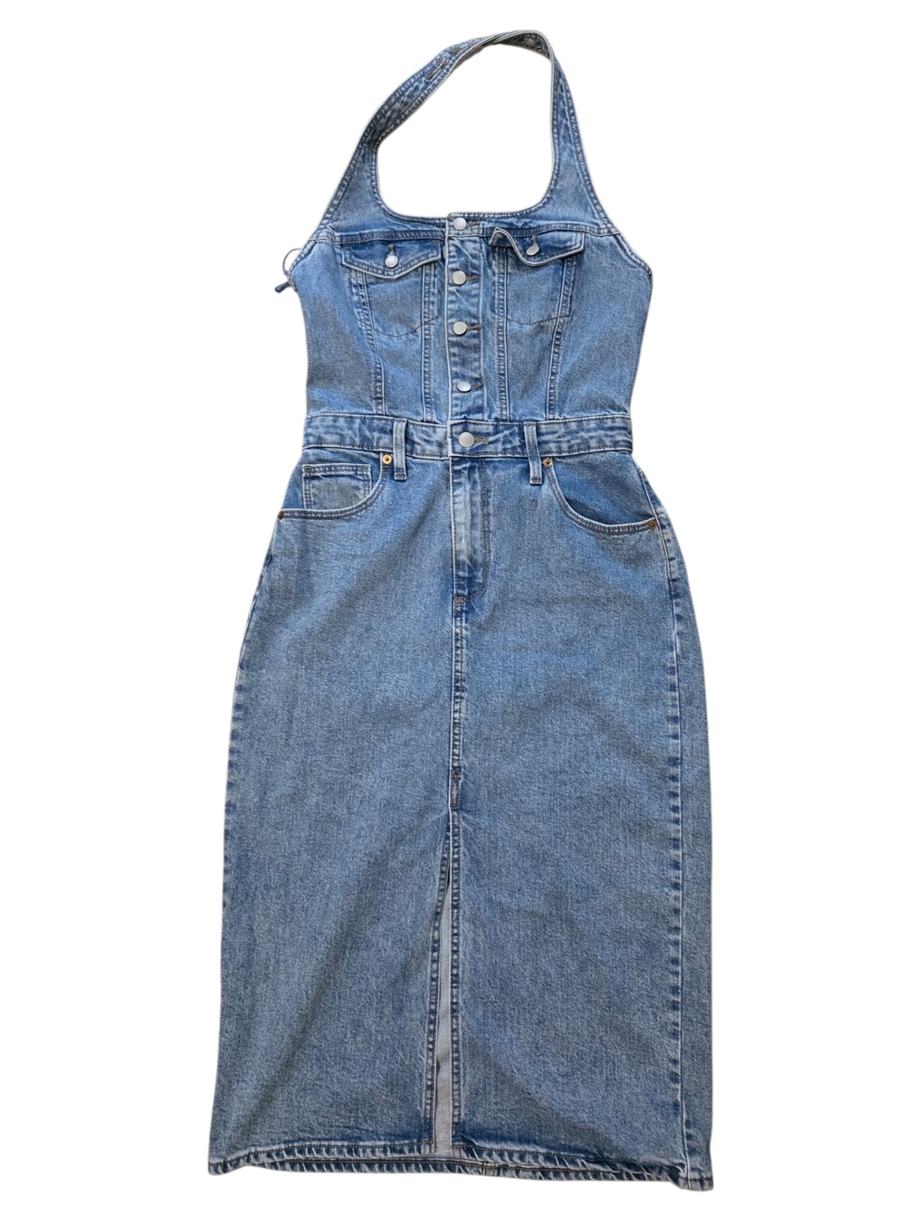 Universal Thread Blue Denim Halter Midi Dress with Front Buttons